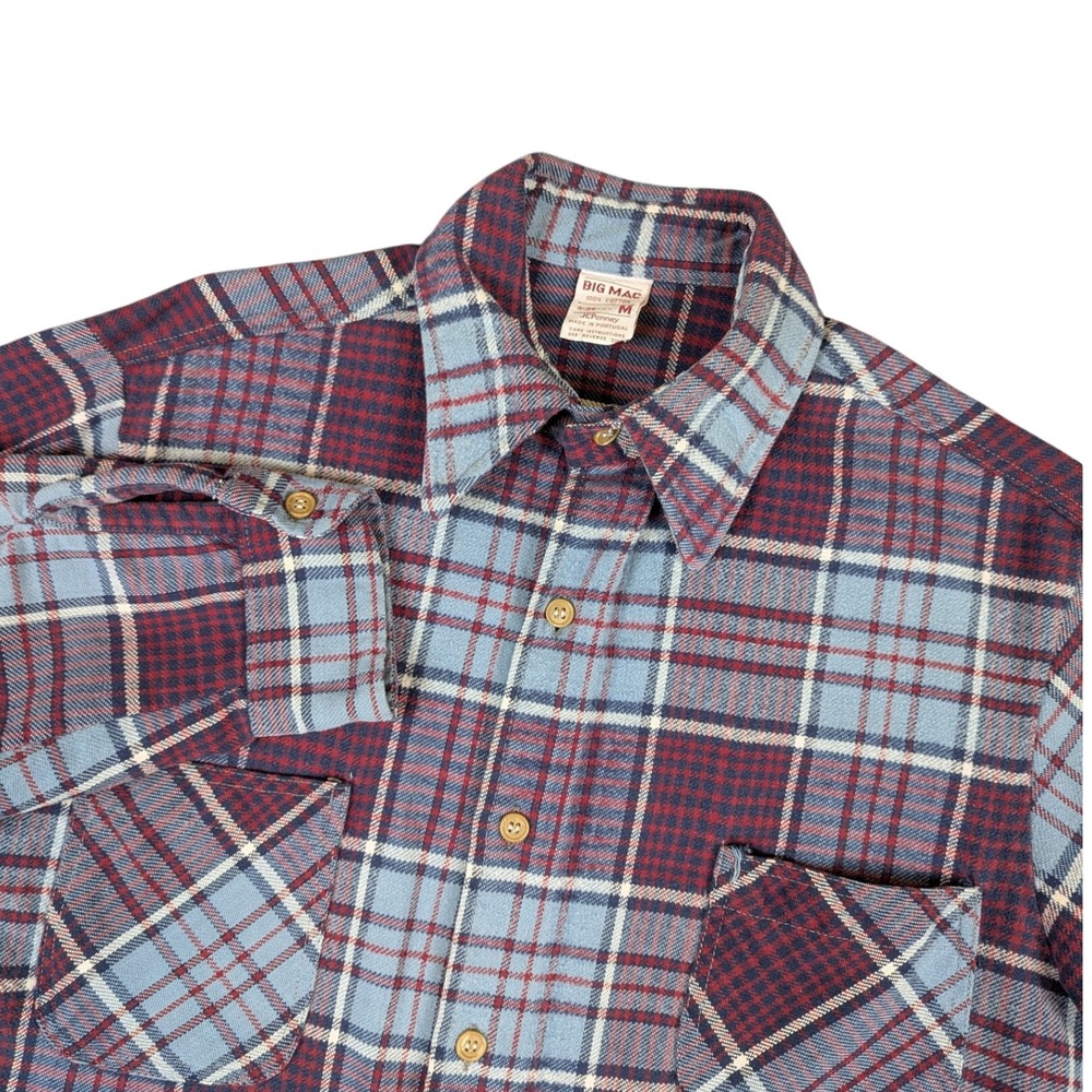 Big Mac JCPenney Mens Flannel Shirt Blue Maroon Plaid Cotton Medium Portugal